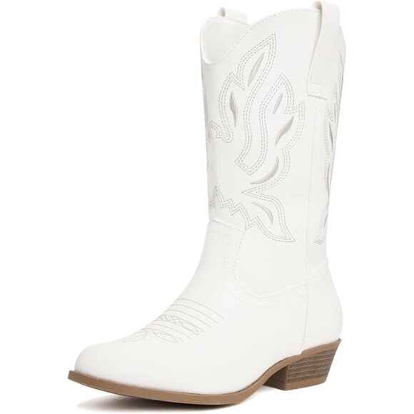 Other - ⚡Kid White Polyurethane Cowboy Pointed Toe Mid-Calf Embroidered Side Zipper Boot